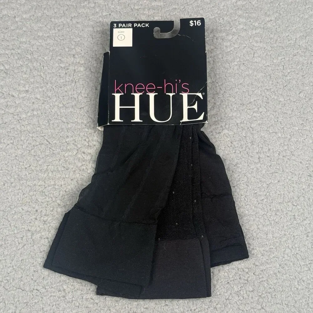 HUE Knee High Socks Women Size 1 Black Opaque 3-Pair Pack Goth Dark Academia NIP